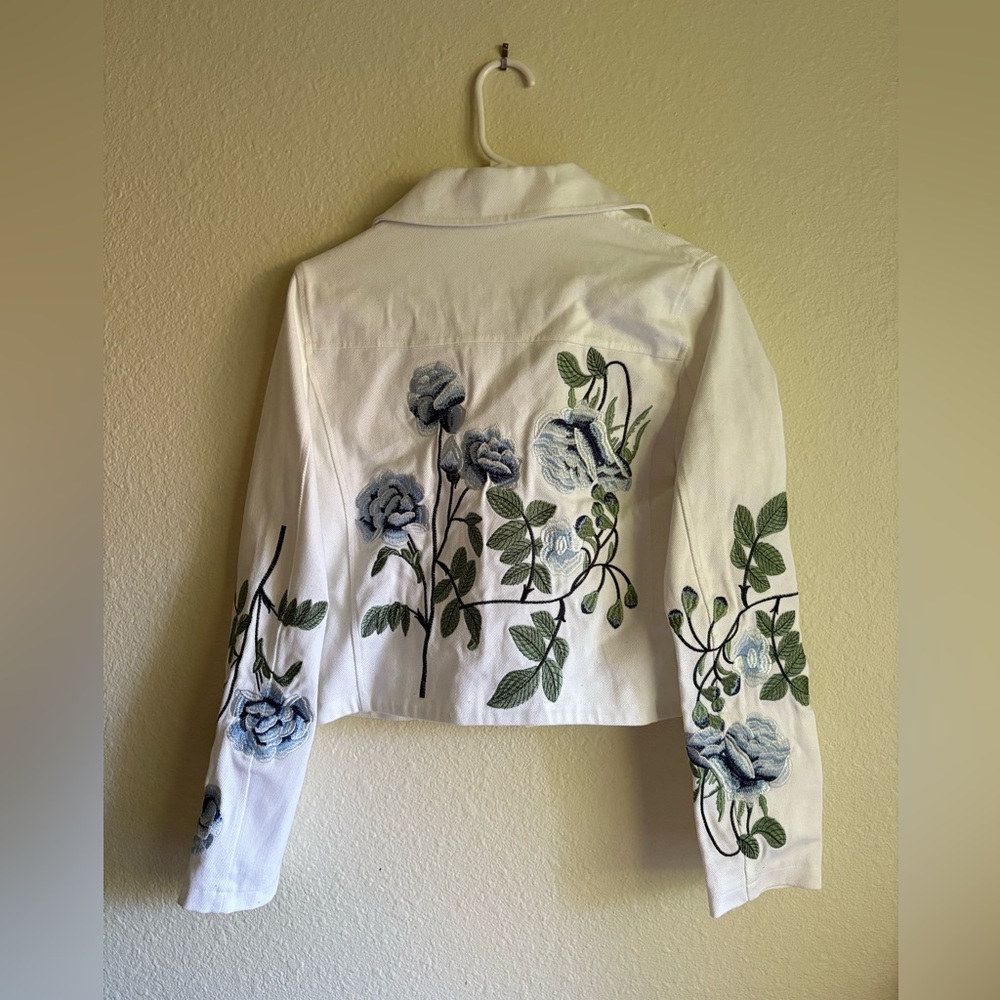 Stoosh White Jean Jacket with Blue Floral Embroidery